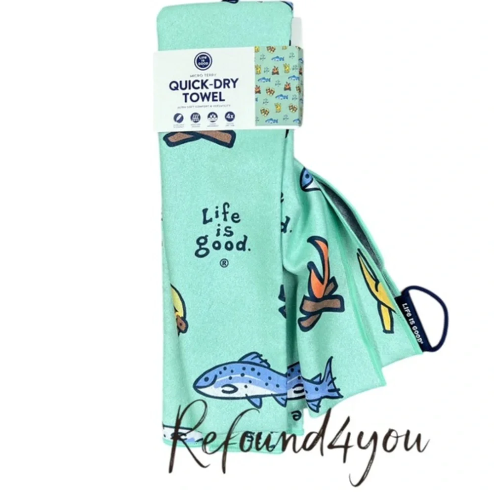 Life Is Good - ‘Camp & Fish’ Quick-Dry Towel. 72.5 x 30“  NWT. Firm!